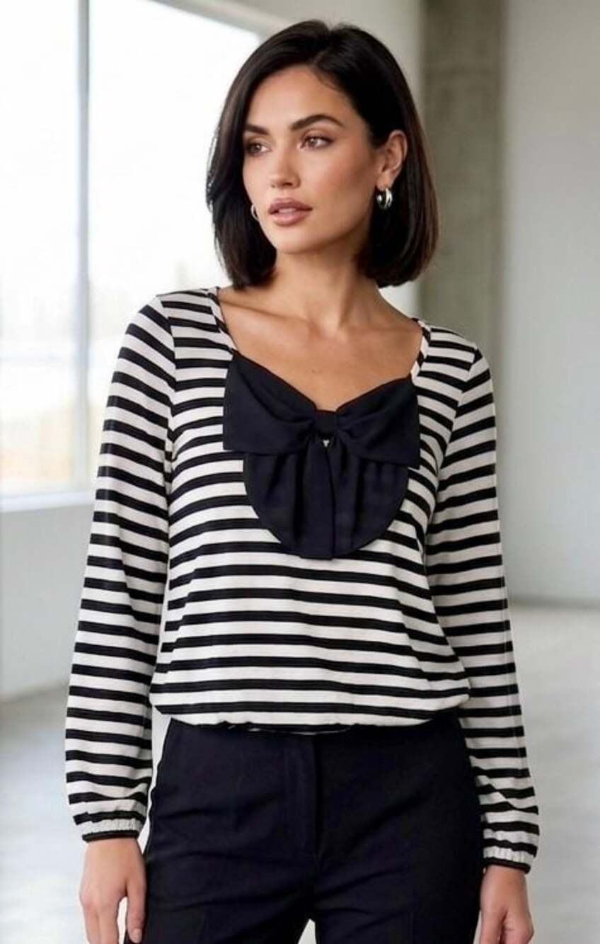 Living Doll Los Angeles Black and White Striped Long Sleeve Bow-Front Top